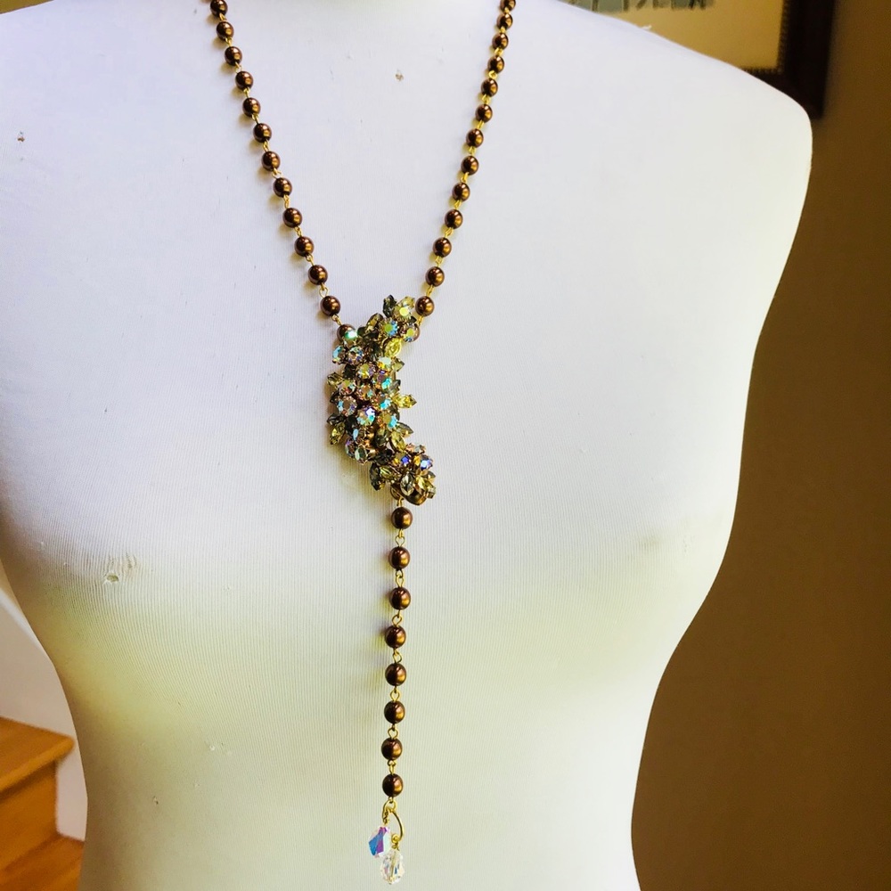 Vintage Pearl Necklace with Crystal AB and Swarovski